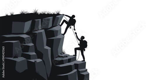 Vector illustration of two people helping each other climb a rocky cliff