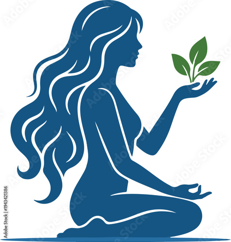 A serene woman sits cross-legged holding a leafy green plant in a meditative and peaceful natural setting