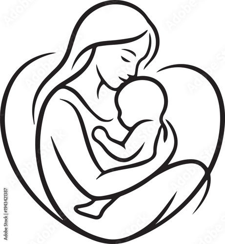 A mother tenderly breastfeeding her baby in a heart shaped outline symbolizing love and nurturing