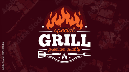 A logo for a high-quality grill with flames and cooking utensils on a dark background with a brick pattern