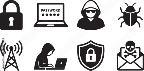 A collection of black and white icons representing cybersecurity and online safety concepts on a white background