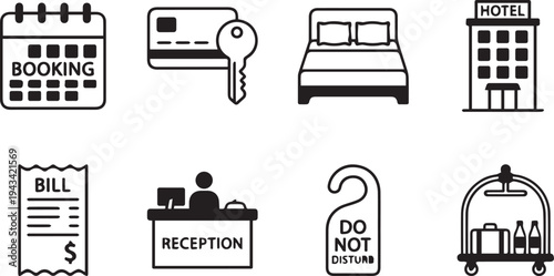 A collection of black and white icons representing various hotel and hospitality services on a white background