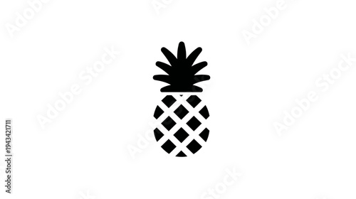 Black and white silhouette of a pineapple with diamond pattern and leafy crown on a white background