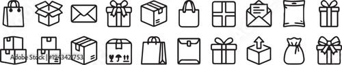 A collection of black and white line art icons depicting various types of packages and gifts