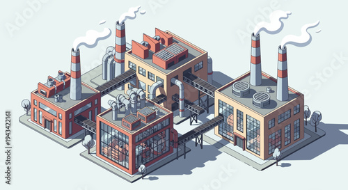 Isometric illustration of industrial factory complex.