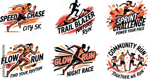 A collection of six vibrant running event logos with dynamic illustrations and motivational slogans on a white background