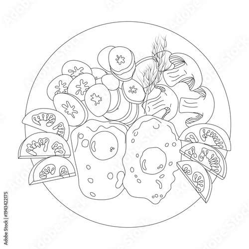 A breakfast of scrambled eggs, fresh tomatoes, mushrooms, fried vegetables, and a sprig of dill. Food on a plate in doodle style. Vector illustration isolated on a white background.