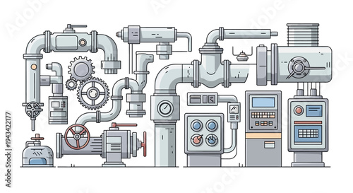 Industrial pipeline system with machinery.