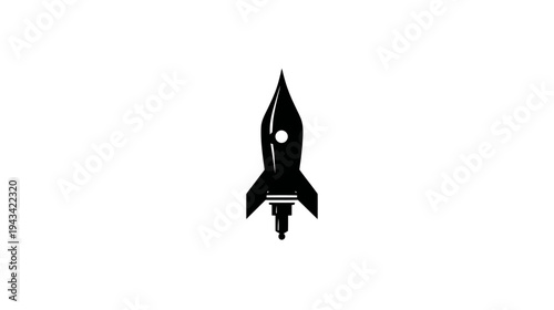 A monochrome illustration of a rocket ship ascending, featuring stylized details