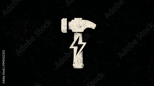 A weathered hammer icon features a lightning bolt against a textured black backdrop