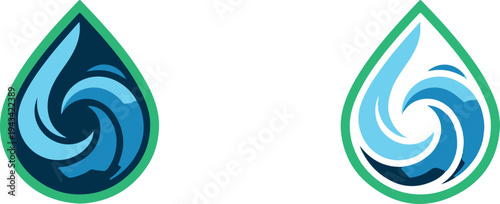 Two blue and green teardrop shaped logos with swirling wave patterns on a white background for a water brand