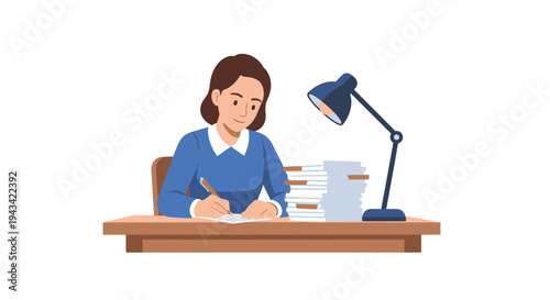 woman sitting at desk writing with lamp.