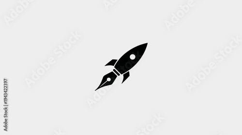 A black and white illustration of a rocket ship with a pen nib as its nose, angled upwards