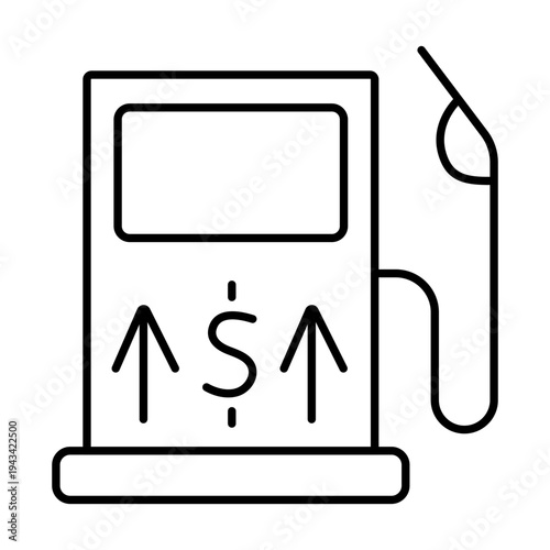 Fuel price increase geometric pictogram. Gas station pump with dollar sign, arrows up. Vector linear illustration about inflation.