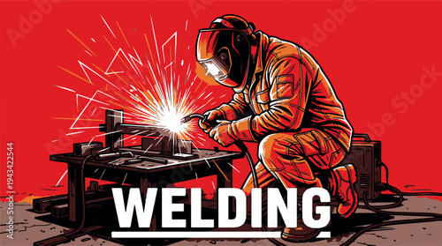 A welder in protective gear welding a piece of metal on a workbench with sparks flying everywhere around him