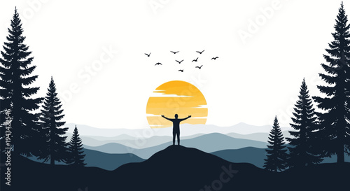 Vector illustration of person standing on mountain with arms up at sunset