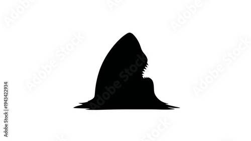 Silhouette of a marine predator with an open mouth, revealing sharp teeth, against a white background