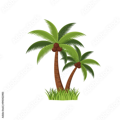 Two lush palm trees with coconuts growing in green grass, tropical island scene