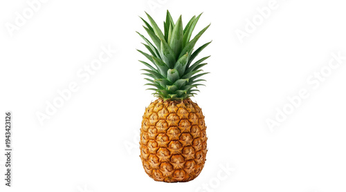Foto A vibrant, ripe pineapple stands upright, showcasing its spiky green crown and t