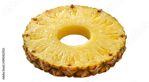 Vibrant tropical pineapple ring, perfectly sliced and showcasing its juicy, golden texture against a clean white background, ideal for summer fruit concepts and healthy eating