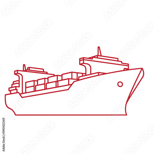 red line drawing of a large cargo ship or container vessel sailing on the ocean  side view