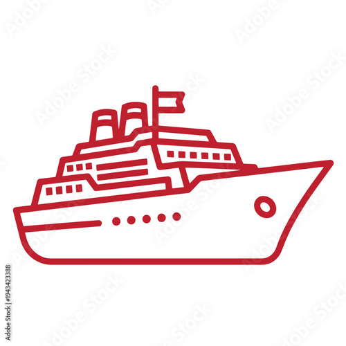 red line drawing of a large passenger cruise ship with two smokestacks and a flag on top sailing on the ocean in a minimalist style  sea travel and tourism concept
