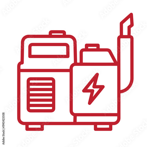red line drawing of a portable electric generator with a lightning bolt on the fuel tank