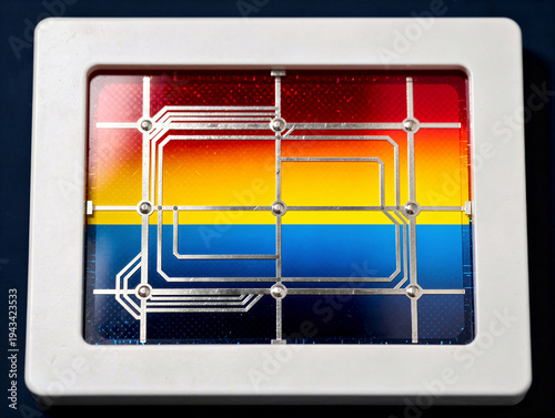 Macro solar cell silicon wafer with silver conductor grid through white frame. Glossy surface, red-yellow-blue gradient, infrared lighting, vector illustration aesthetic