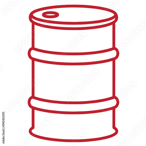 red line drawing of a steel oil barrel with three bands and a bung hole on a white background