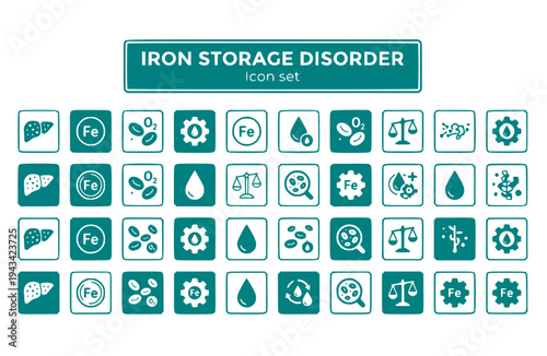 Iron Storage Disorder Icons Set Ferritin Levels Hemoglobin Iron Metabolism Blood Iron Mineral Imbalance Hematology Vector Illustration