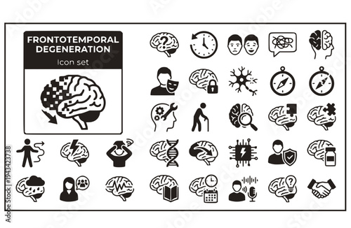 Frontotemporal Degeneration Icon Set Brain Disorder Dementia Cognitive Decline Neurological Disease Frontal Lobe Damage Vector Illustration