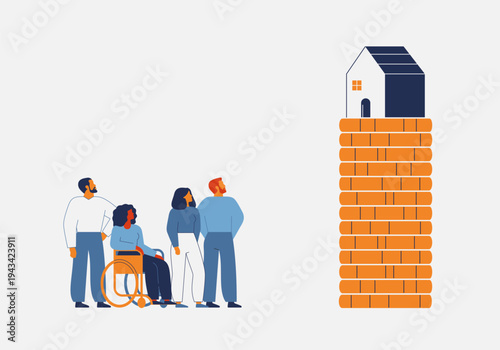 unaffordability of own housing for many people. High cost rental and real estate. Men and women looking at the big stack of coins with a house on it. Vector illustration