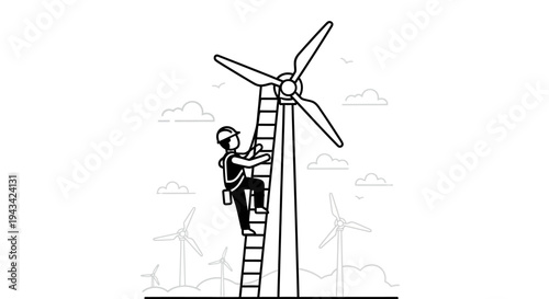 Man climbing wind turbine ladder maintenance.