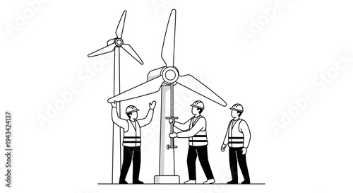 Three workers installing wind turbine.