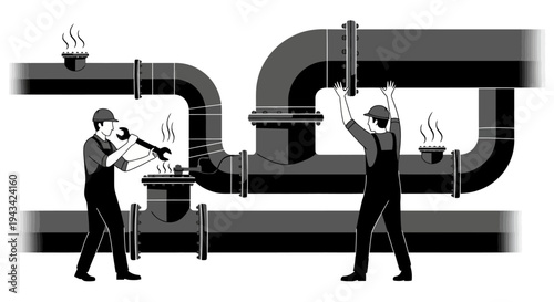 Two workers repairing industrial pipes.