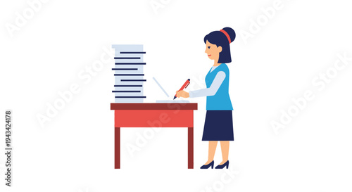 woman working at a desk with books.