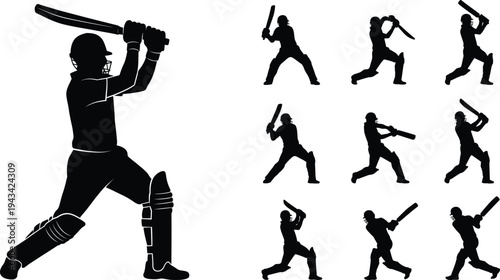 Cricket player silhouette set featuring batsman in various batting stances and action poses for sports branding championship competition and athletic achievement design projects