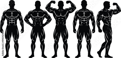 Bodybuilding silhouette set featuring muscular men in competition poses for gym branding fitness club logos strength training and sports nutrition design projects