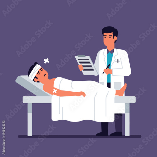 Doctor examining injured patient lying in hospital bed, medical checkup, healthcare concept