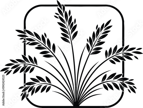 Black Wheat Ear Silhouette Vector Illustration with Rounded Square Frame for Bakery Logo Design Agricultural Branding Organic Grain Harvest Symbol