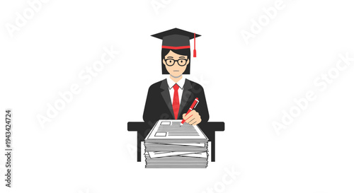 A cartoon graduate in a suit writing.