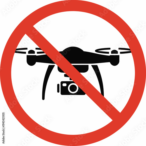 No drone allowed sign drone prohibition symbol unmanned aerial vehicle ban icon red warning circle restricted flying device vector illustration safety notice design area concept