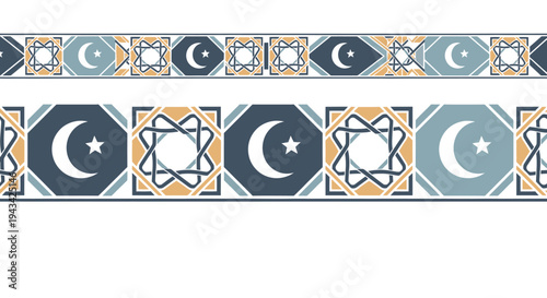 Islamic geometric pattern with moon and star symbols.