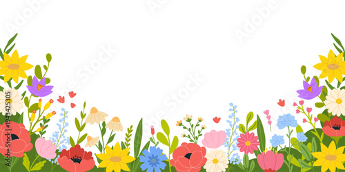 Spring, summer floral frame with blooming flowers. Garden botanical banner. Colorful Wildflowers border.