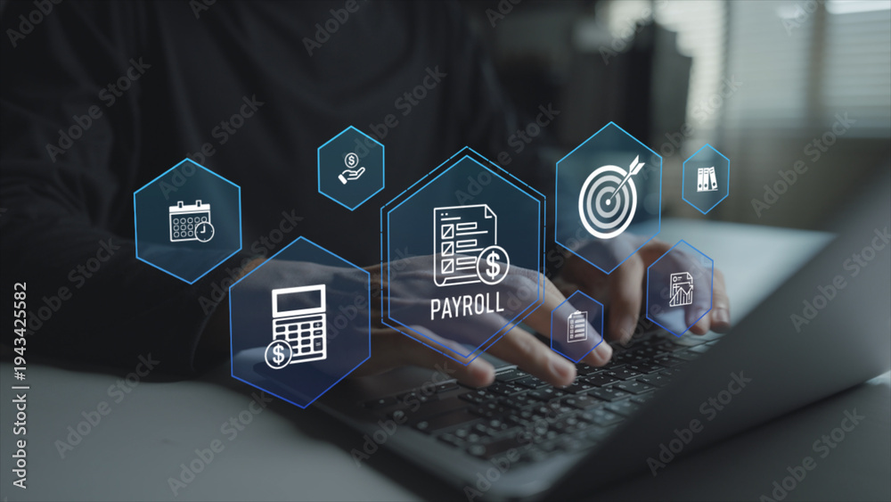 Fototapeta premium Digital payroll system concept. User using laptop with payroll and payment icons, employee salary management, financial records and HR administration.