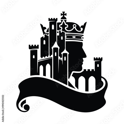 Black silhouette of a castle and king s profile with a crown