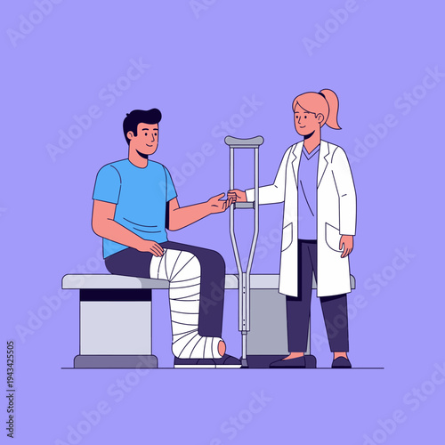 Doctor helping injured patient with broken leg and crutches in clinic