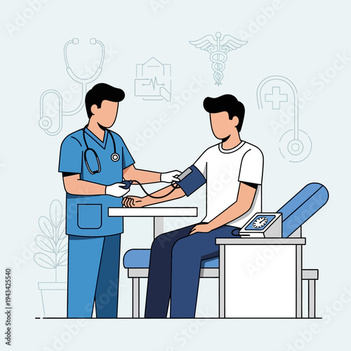 Doctor measuring patient's blood pressure with a cuff, medical checkup in clinic