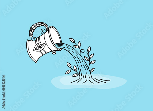 Vector Illustration of a Modern Watering Can and Potted Houseplant in Linear Style