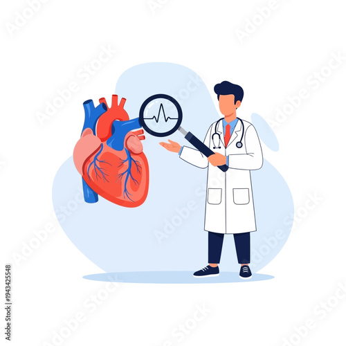 Doctor Inspecting Human Heart with Magnifying Glass Showing EKG Pulse